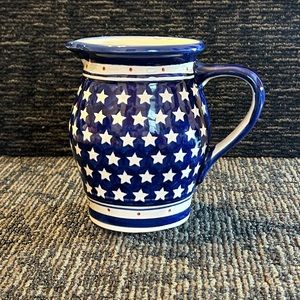 Vintage Handmade Boleslawiec Polish Pottery. Americana Themed Small Pitcher.